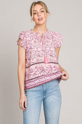 Chic Print Ruffle Sleeve Rayon Blouse - Cotton Bleu by Nu Lab